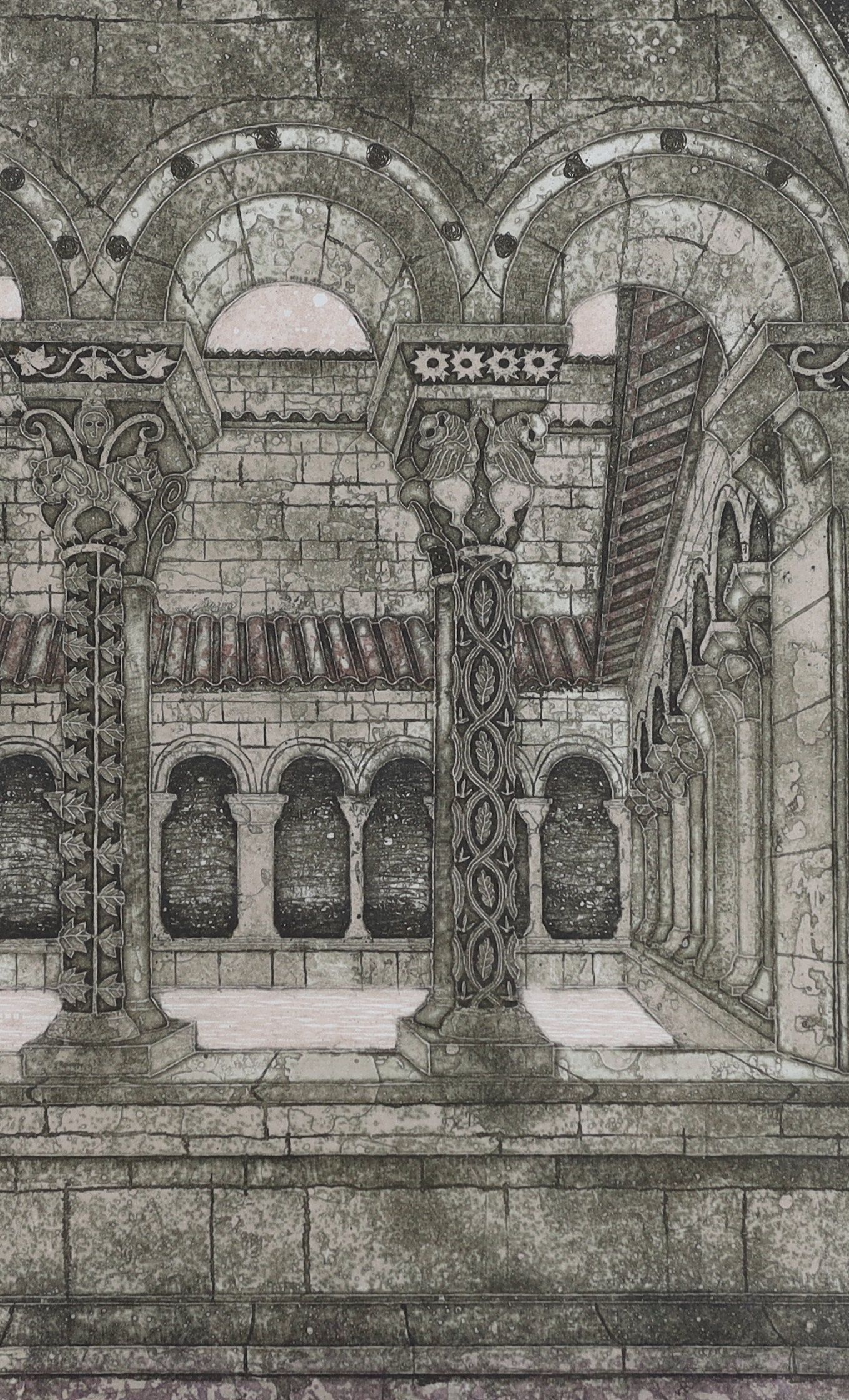 Valerie Thornton (1931–1991), etching and colour aquatint, 'Cloisters', signed in pencil, limited edition 117/150, 77 x 57cm